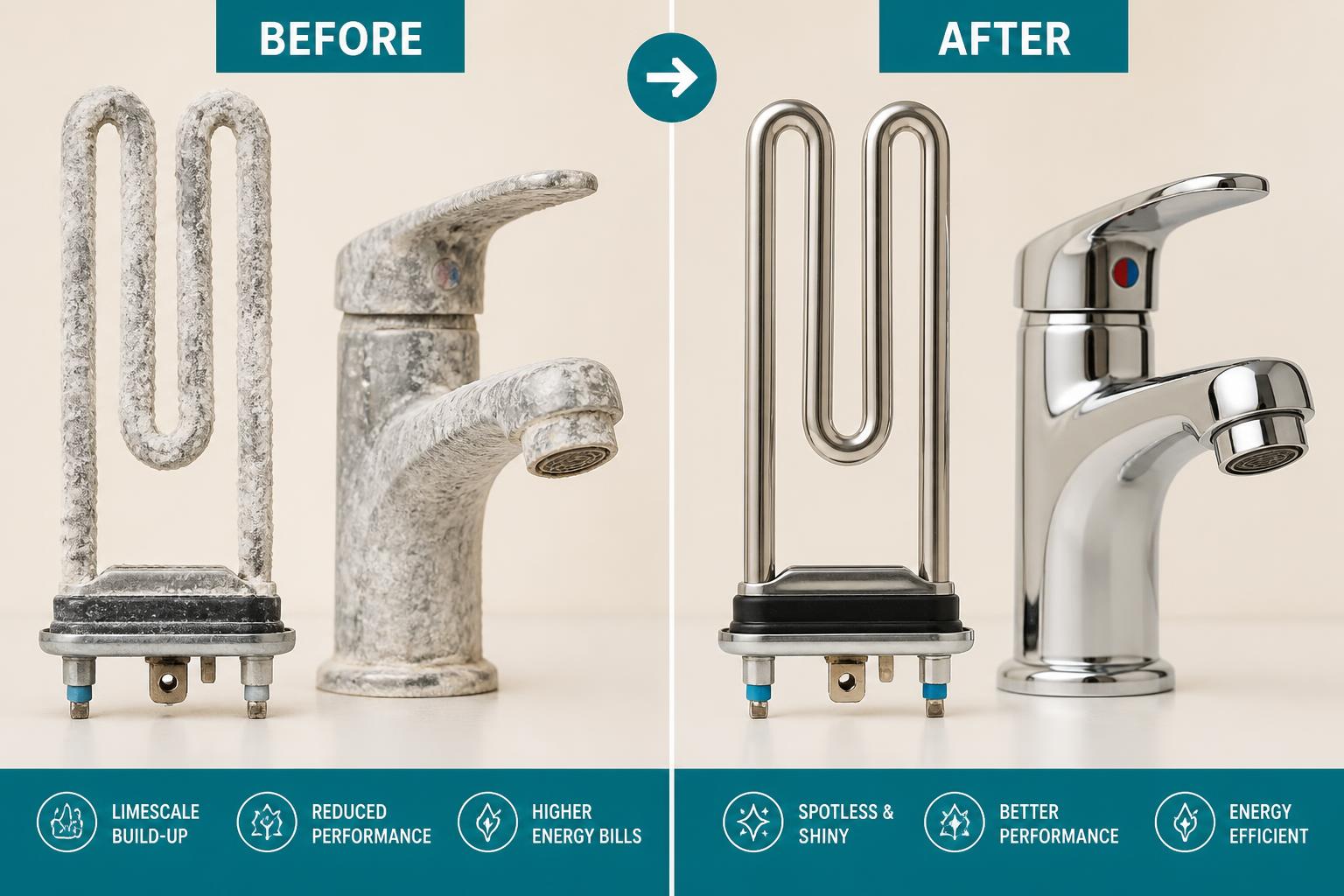 Before and after: limescale-encrusted heating element and tap versus spotless ones