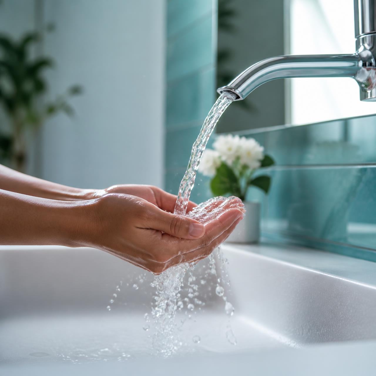 Clear soft water pouring over cupped hands in a Bengaluru home bathroom